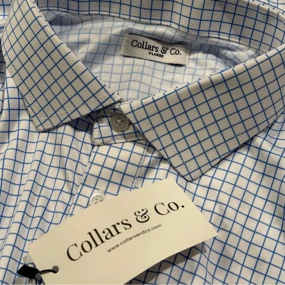 Collars and Co NWT Size XL Thin Blue Check Dress Collar Polo Performance Stretch - Picture 3 of 6